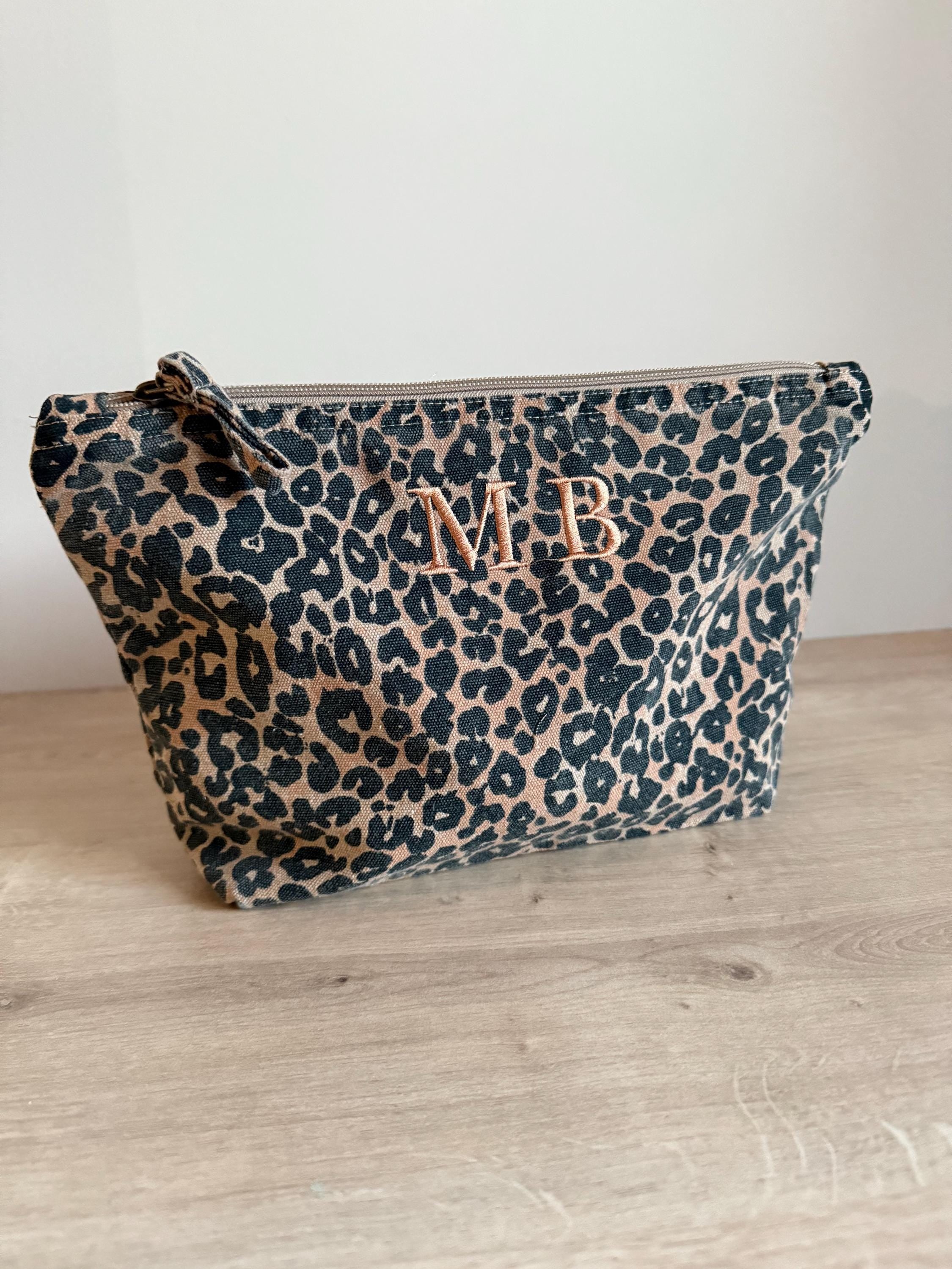 Personalised Leopard Print Cosmetic Bag | Embroidered Monogram Pouch | Embroidery Initial Bag | Embroidered Bag | Makeup Bag | Embroidered