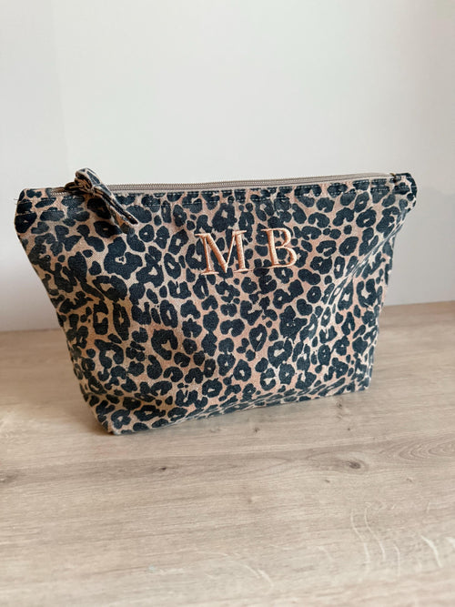 Personalised Leopard Print Cosmetic Bag | Embroidered Monogram Pouch | Embroidery Initial Bag | Embroidered Bag | Makeup Bag | Embroidered